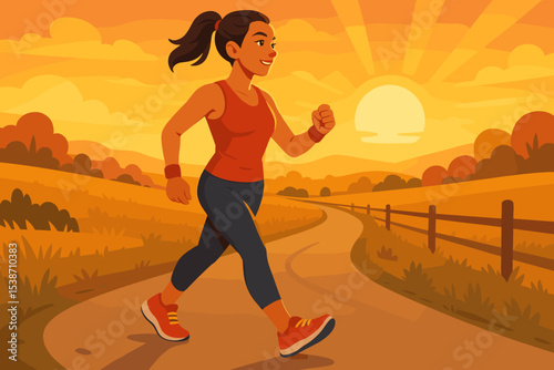 Healthy active woman power walking on a country road at sunset or sunrise. Concept of fitness, exercise, and wellness. Happy girl enjoying an outdoor workout in nature. Vector.