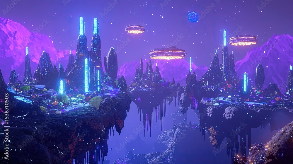 Fototapeta premium Floating city structures in a vibrant alien landscape.