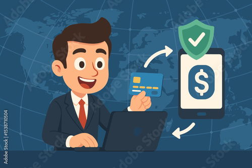 Secure digital payment concept. Businessman with credit card uses laptop and smartphone for safe online transaction. Mobile banking, e-commerce, data protection, financial security.