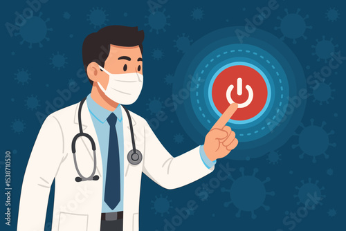 Doctor stopping pandemic concept. Man in medical mask pressing power off button to halt virus. Metaphor for ending covid, finding a cure, vaccination and global health victory.