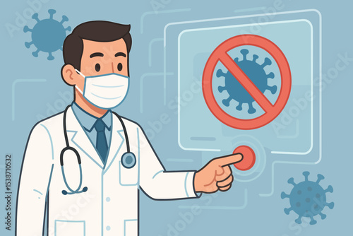 Doctor in face mask fights pandemic, pressing a button on a virtual screen to stop the virus. Healthcare concept for disease control, coronavirus prevention, and public health.