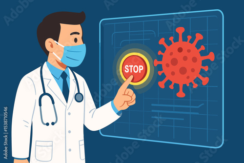 Doctor in face mask presses stop button to halt a virus outbreak. Concept of fighting pandemic, disease control, and prevention. Medical professional stopping coronavirus spread. Vector.
