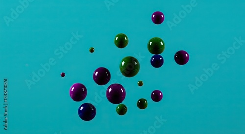 Floating colorful spheres of various sizes against a vibrant teal background