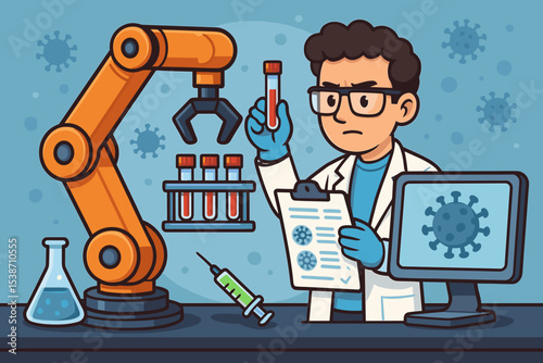 Robotic arm assisting scientist in medical research laboratory. Concept of automation in healthcare, virology analysis, vaccine development, and pharmaceutical drug discovery.