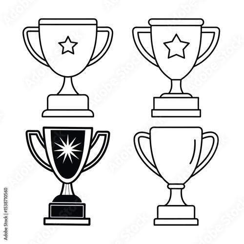 Collection of vector outlined trophy cup designs in black and white perfect for awards and recognition