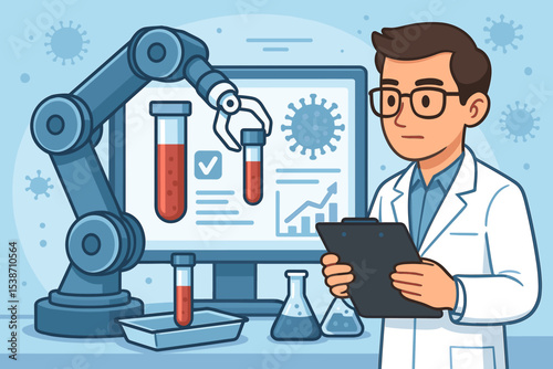 Scientist in a laboratory with a robotic arm automating blood tests for virus research. Medical diagnostics, healthcare innovation, vaccine development, virology, and clinical analysis.