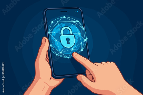 Cybersecurity concept with hand holding smartphone. Finger touching secure network lock icon. Global data protection, privacy technology, and internet safety vector illustration.
