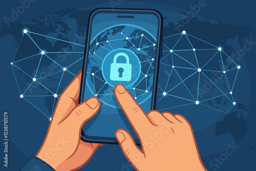 Man holding a smartphone with a padlock icon on the screen. Cybersecurity and data protection concept. Secure global network connection. Privacy and internet safety illustration.