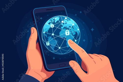 Hand holding smartphone with secure global network on screen. Cybersecurity and data protection concept. Finger touches lock icon for internet safety, privacy, and vpn access.