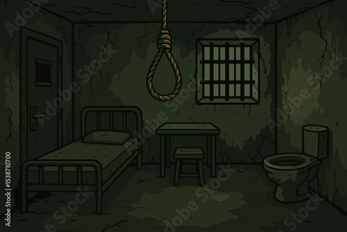 Desolate prison cell with a hangman's noose. Concept for suicide, depression, and hopelessness. Dark, grungy asylum room symbolizing mental health crisis, despair, and isolation.
