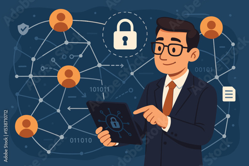 Cybersecurity specialist or data analyst managing network security and user privacy. Concept of digital protection, information safety, and secure system access with padlock and shield.