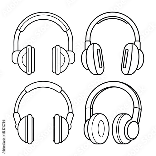 Four black and white outlined headphones in different styles isolated on white background