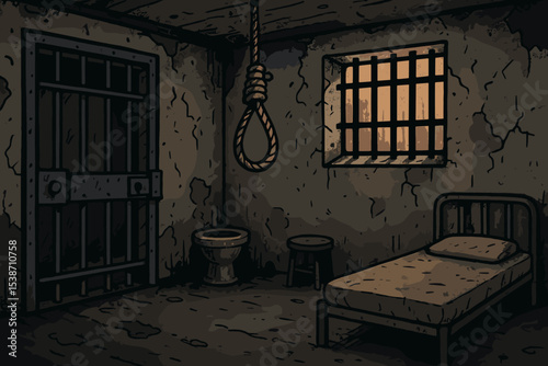Dark, grungy prison cell with a hanging noose. Concept of suicide, depression, despair, and hopelessness. Jail interior, solitary confinement. Metaphor for punishment and justice.