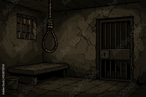 Dark prison cell with hangman's noose. Concept of despair, depression, and suicide. Grunge illustration of a jail room, punishment, and hopelessness. Grim dungeon background.