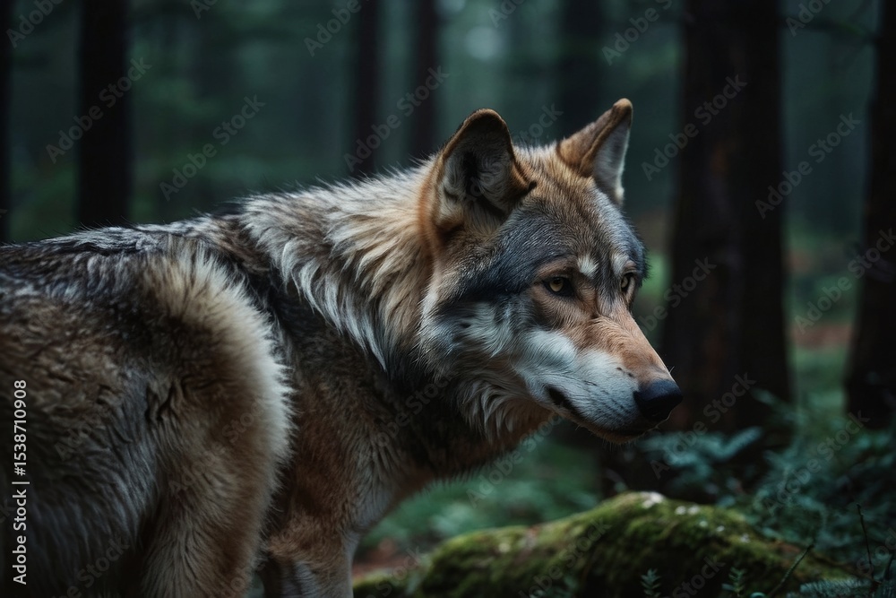 Obraz premium Wolf in Dark Forest Close-up Profile Stance Wild Canine Portrait