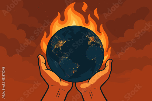 Human hands holding a burning Earth globe, symbolizing global warming and climate change. Environmental crisis, planet on fire, urgent responsibility for future, ecological disaster.