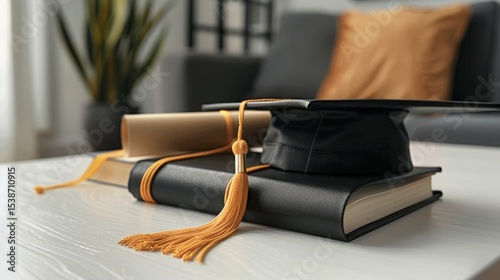 Graduation Cap, Tassel, Diploma, and Book Arrangement