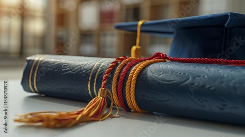 Blue Graduation Cap and Diploma with Cords