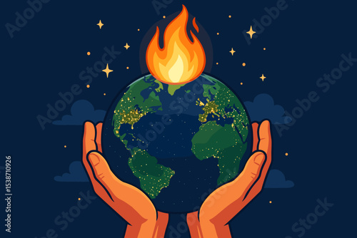 Burning Earth in human hands. Vector illustration metaphor for global warming, climate change, environmental disaster, and ecological crisis. Save the planet concept. World on fire.