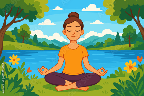 Woman practicing yoga meditation in lotus pose by the lake. Girl enjoying serene nature for relaxation, mindfulness, and mental health. Healthy lifestyle and wellness vector concept.