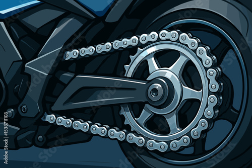 Motorcycle drive train closeup with shiny chrome chain and sprocket on rear wheel. Vector illustration of a motorbike gear mechanism. Concept of mechanics, engineering, power, speed.