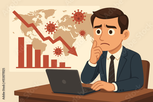 Economic crisis concept due to coronavirus pandemic. Worried businessman analyzing financial market crash. Global recession illustration with falling chart, world map and down arrow.