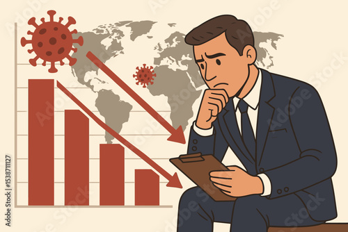 Economic crisis and financial recession concept. Worried businessman analyzing falling stock market chart due to global virus pandemic. Business failure, investment loss, market crash.