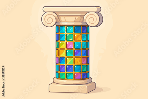 Classic Greek pillar with colorful mosaic. Cartoon vector illustration of an ancient Roman column decorated with shiny square gems. Fantasy game asset, stained glass design element.