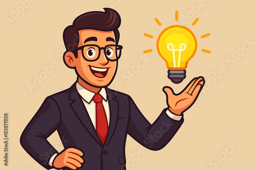 Happy businessman cartoon character with a new creative idea. Entrepreneur holding glowing light bulb symbol. Concept for innovation, business solution, startup, success. Mascot vector.