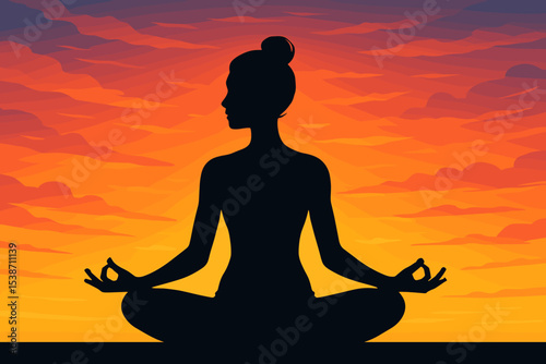 Yoga meditation woman silhouette in lotus pose. Mindfulness, spiritual practice at sunset. Concept of relaxation, harmony, balance. Healthy lifestyle for mental wellness. Serenity.