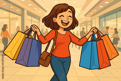 Happy woman shopping vector illustration. Joyful cartoon girl with many bags in a shopping mall. Concept for consumerism, retail therapy, Black Friday sale, customer satisfaction.