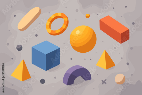 Abstract background with floating 3D geometric shapes. Colorful isometric vector illustration. Set of primitive forms like cube, sphere, pyramid. Modern graphic design element.