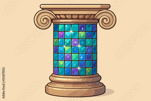 Ancient pillar vector icon. Classical Greek Ionic column with a fantasy twist. Architectural element decorated with a colorful mosaic of sparkling glass, gems, and crystal tiles.