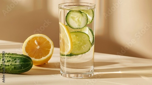 Glass of Water with Cucumber and Lemon, with Lemon and Cucumber on Table