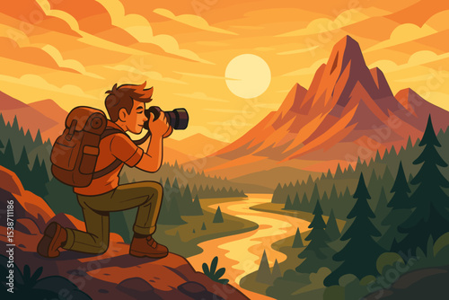 Travel photographer capturing mountain landscape at golden hour sunset. Man with camera and backpack on hiking adventure. Nature exploration, outdoor hobby concept. Vector illustration.
