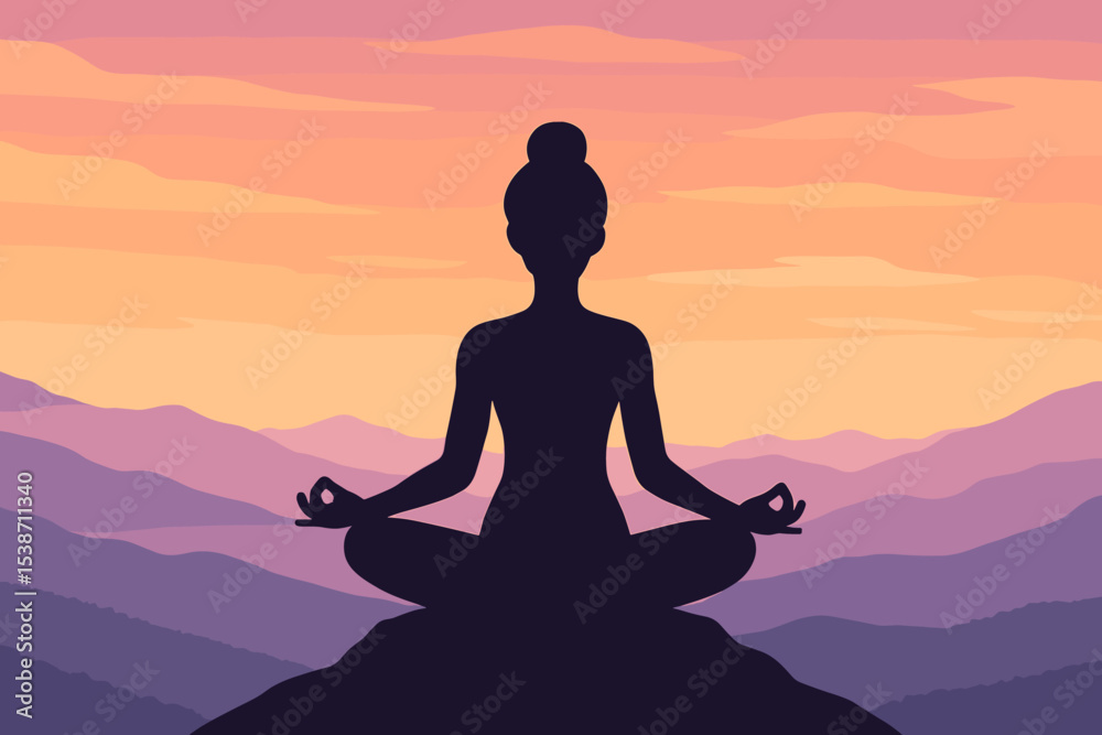 Woman meditating in lotus pose silhouette on a mountain top at sunset. Yoga and meditation concept for mindfulness, spiritual practice, inner peace, and wellness. Vector landscape. Woman meditating in lotus pose silhouette on a mountain top at sunset. Yoga and meditation concept for mindfulness, spiritual practice, inner peace, and wellness. Vector landscape.