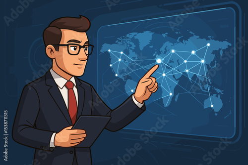 Businessman analyzing global data on interactive screen. Vector illustration of a professional pointing at world map with network connections. Concept for communication, logistics, and technology.