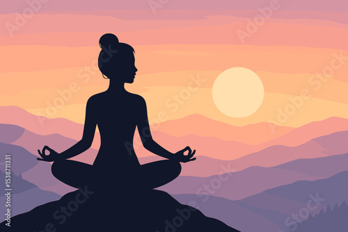 Woman meditating in lotus yoga pose silhouette on a mountain top at sunset. Mindfulness, relaxation, peace and harmony concept. Spiritual wellness and mental health background.