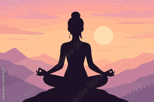 Yoga and meditation concept. Silhouette of a woman in lotus pose meditating on a mountain at sunset. Mindfulness, relaxation, and spiritual practice for wellness and mental health.