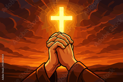 Praying hands before a glowing christian cross at sunset. Religious concept of faith, hope, and salvation. Spirituality and worship in Christianity. Symbol of forgiveness and praise.