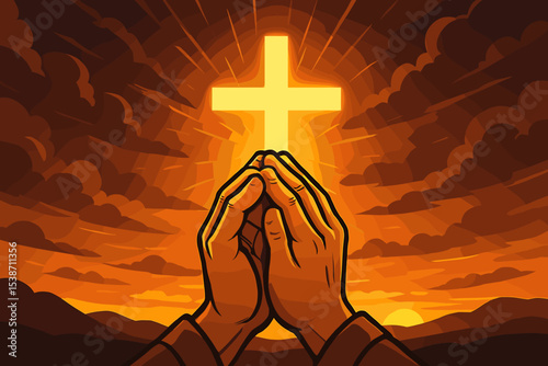 Praying hands holding a glowing Christian cross at sunset. Concept of faith, hope, and prayer to God. Religious vector illustration of worship, spirituality, and divine light.