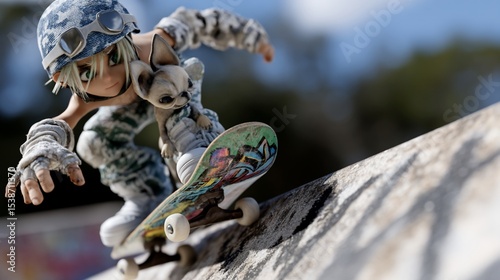 Digital art of a young person skateboarding with a small dog