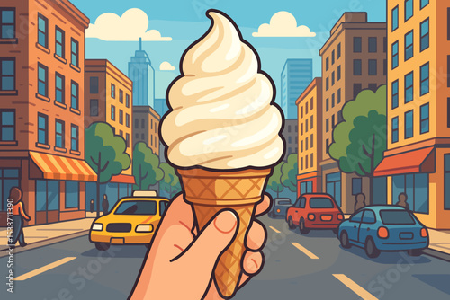 Hand holding a vanilla soft serve ice cream cone on a bustling city street. First person perspective of enjoying a sweet summer treat. Urban lifestyle and food vector illustration.
