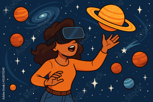 Woman in VR headset exploring space. Virtual reality planetarium concept for education and discovery. Metaverse technology for interactive learning about astronomy, planets, and the universe.