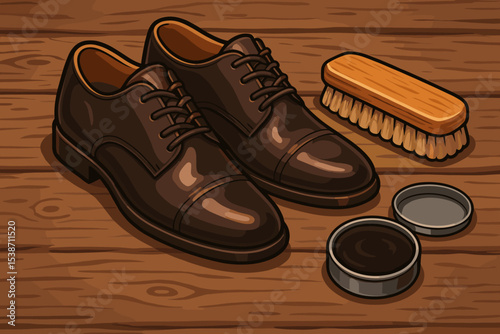 Shoe shining kit vector illustration. Classic men's brown leather oxford shoes with polish and brush on wooden surface. Concept of shoe care, maintenance, elegance and gentleman's style.