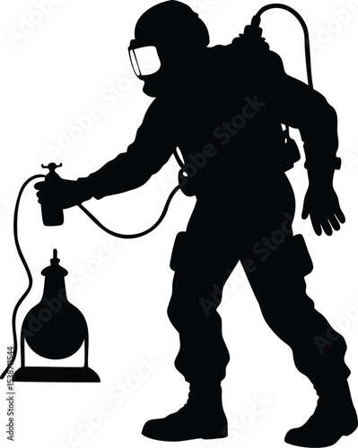 Silhouette of a person in a Hazmat suit with attached tank