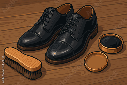 Shoe care kit vector illustration with polished black leather dress shoes, brush, and wax polish. Classic menswear concept of footwear maintenance, shining, and formal grooming.
