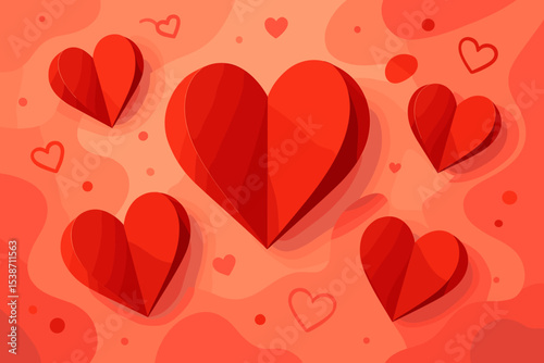 Valentine's Day background with red paper cut hearts. Romantic 3D vector illustration for love, affection, and celebration. Abstract paper craft design for greeting card or banner.