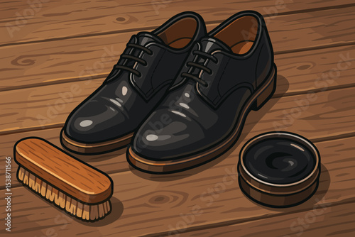 Men's shoe care kit vector illustration. Classic black polished leather dress shoes with a wooden brush and shoe polish tin on a wood floor. Concept of elegance, style, and grooming.