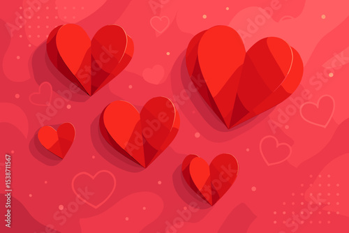 Red paper cut hearts on a romantic background. 3D vector illustration for Valentine's Day. Love, wedding, and anniversary greeting card design. Abstract festive backdrop.